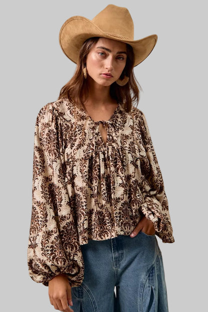 Natalie Boho Western Front Tied Balloon Sleeve Blouse