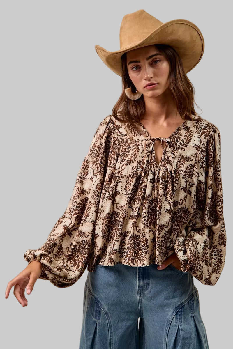 Natalie Boho Western Front Tied Balloon Sleeve Blouse