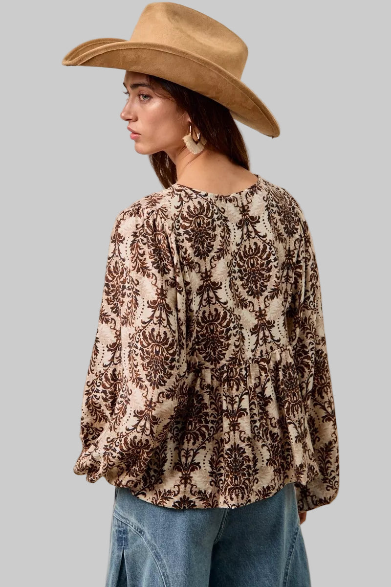 Natalie Boho Western Front Tied Balloon Sleeve Blouse