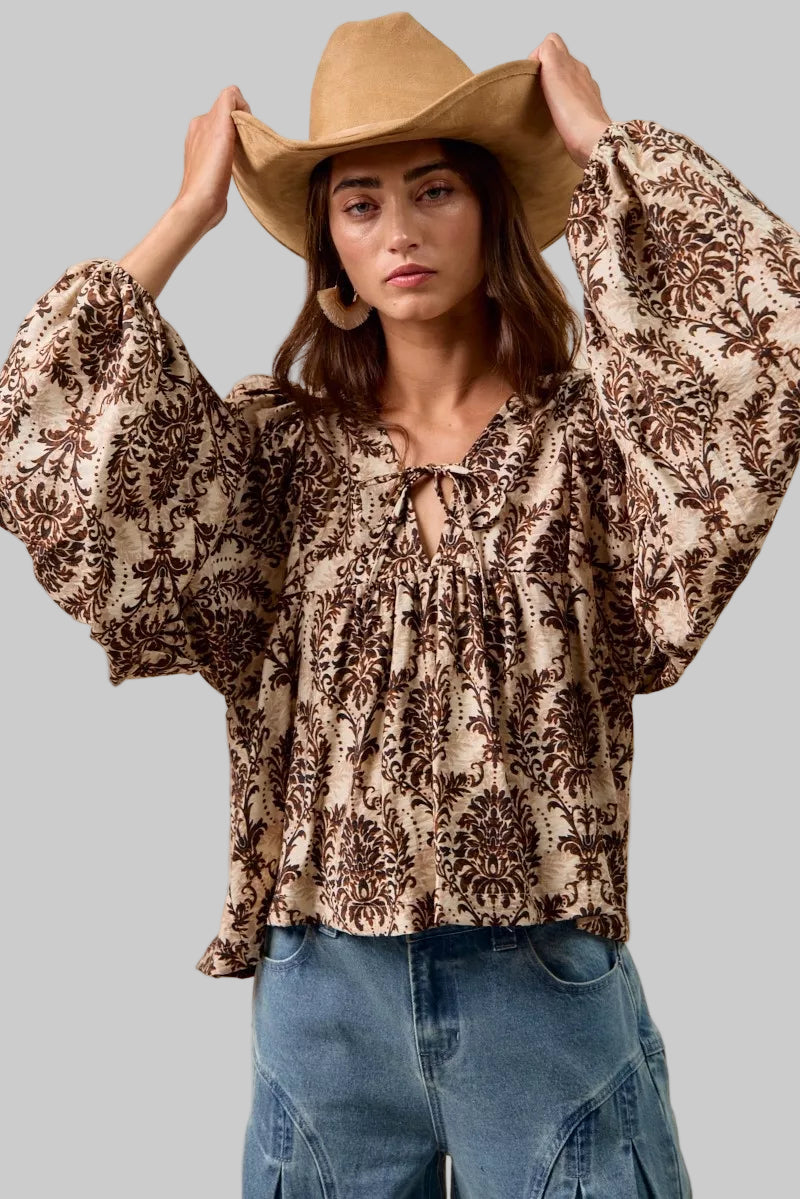 Natalie Boho Western Front Tied Balloon Sleeve Blouse
