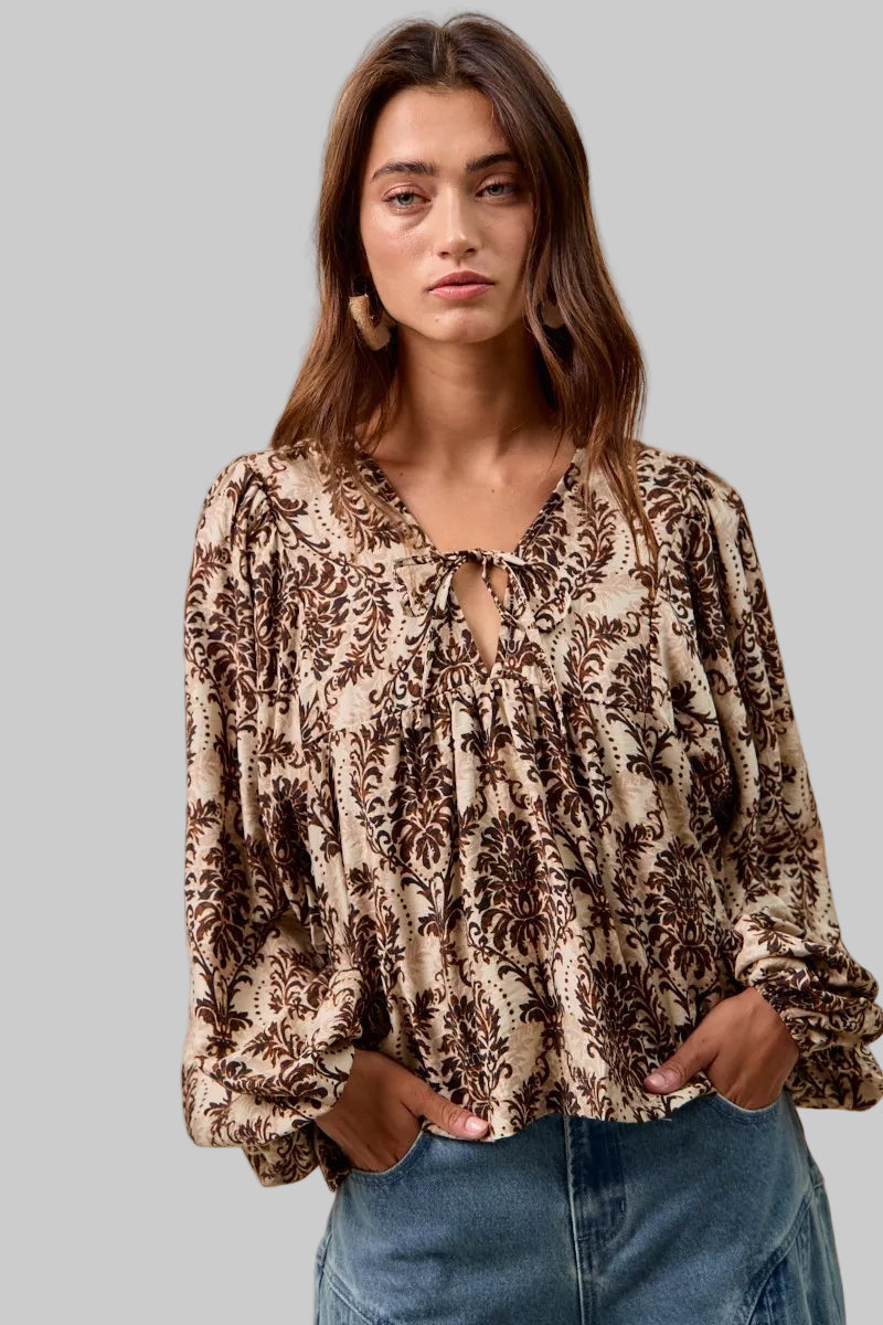 Natalie Boho Western Front Tied Balloon Sleeve Blouse