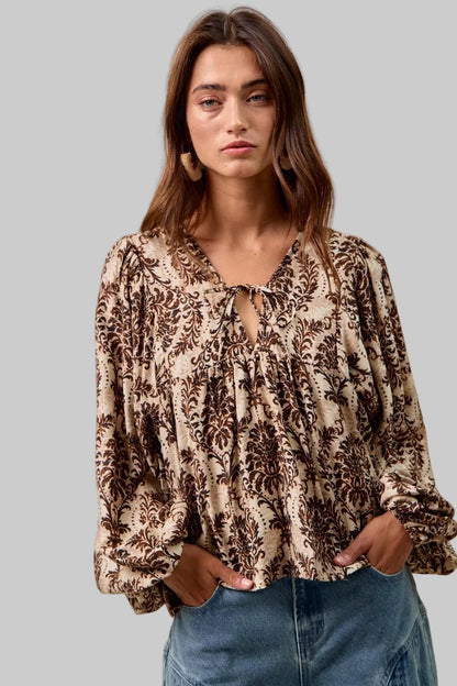 Natalie Boho Western Front Tied Balloon Sleeve Blouse
