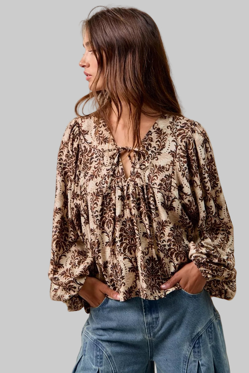 Natalie Boho Western Front Tied Balloon Sleeve Blouse