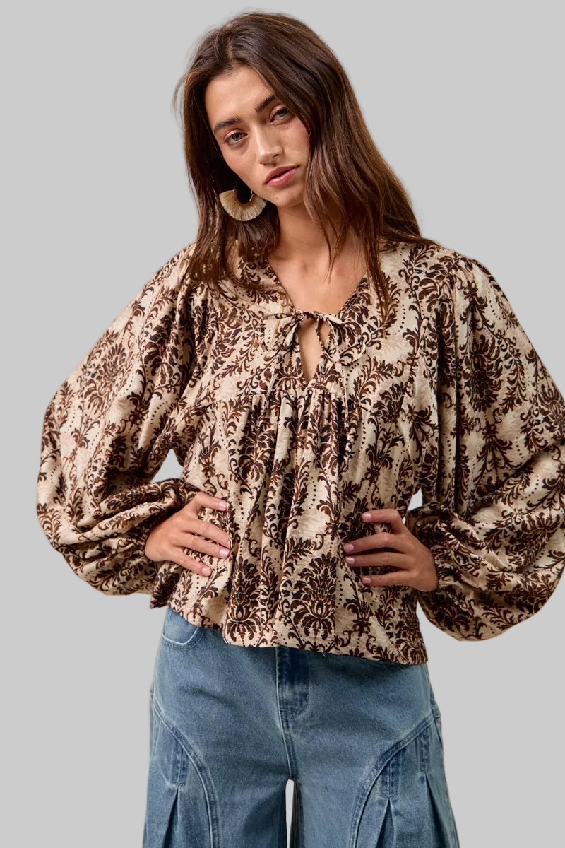 Natalie Boho Western Front Tied Balloon Sleeve Blouse