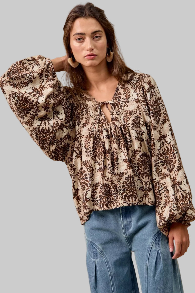 Natalie Boho Western Front Tied Balloon Sleeve Blouse