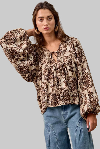 Natalie Boho Western Front Tied Balloon Sleeve Blouse