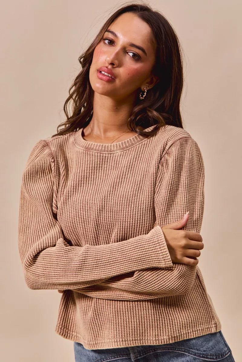 Neutral Boho Mineral Washed Waffle Top With Puff Sleeves
