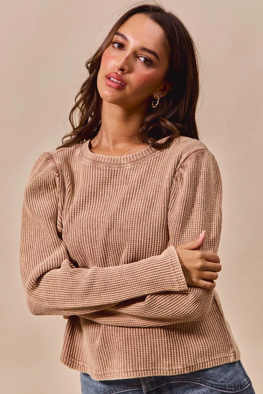 Neutral Boho Mineral Washed Waffle Top With Puff Sleeves