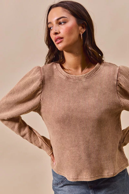 Neutral Boho Mineral Washed Waffle Top With Puff Sleeves