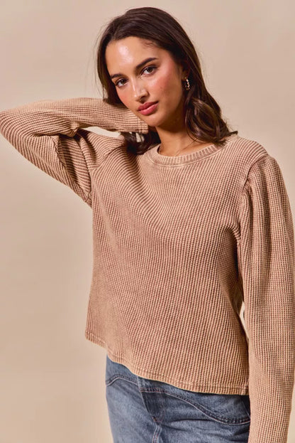 Neutral Boho Mineral Washed Waffle Top With Puff Sleeves