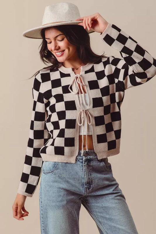 Neutral Tie Front Checkered Knitted Round Neck Cardigan