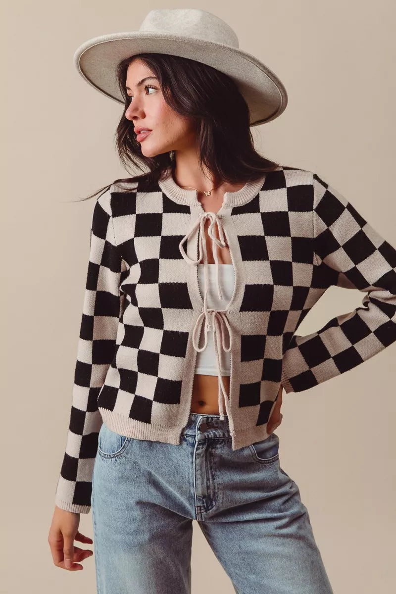 Neutral Tie Front Checkered Knitted Round Neck Cardigan