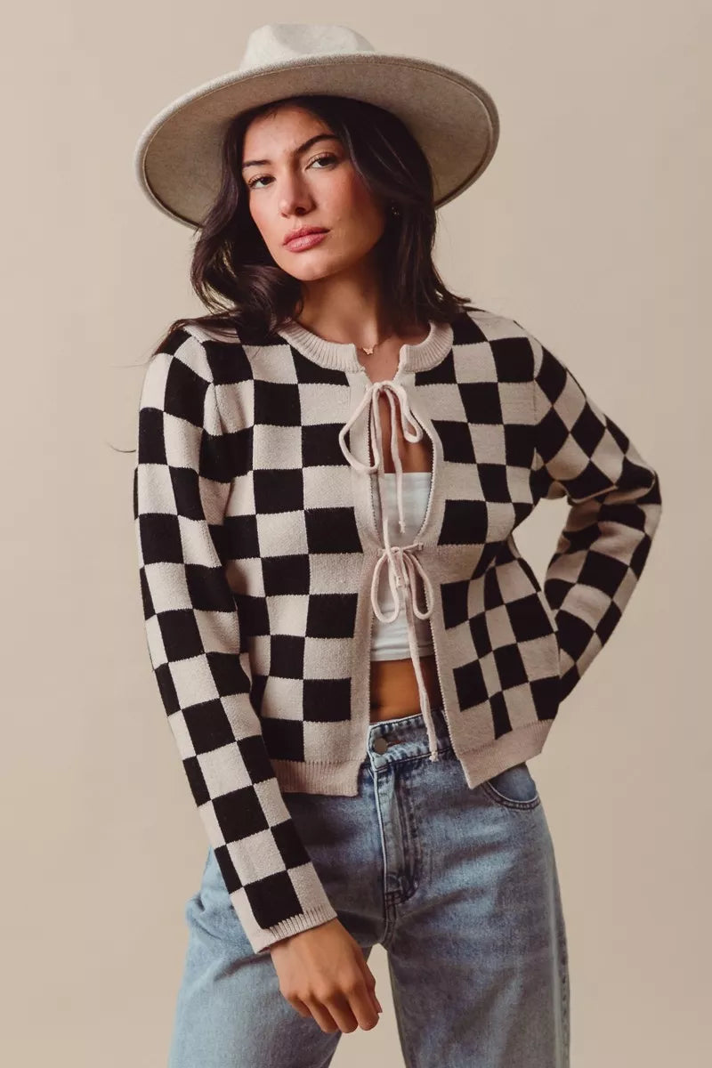Neutral Tie Front Checkered Knitted Round Neck Cardigan