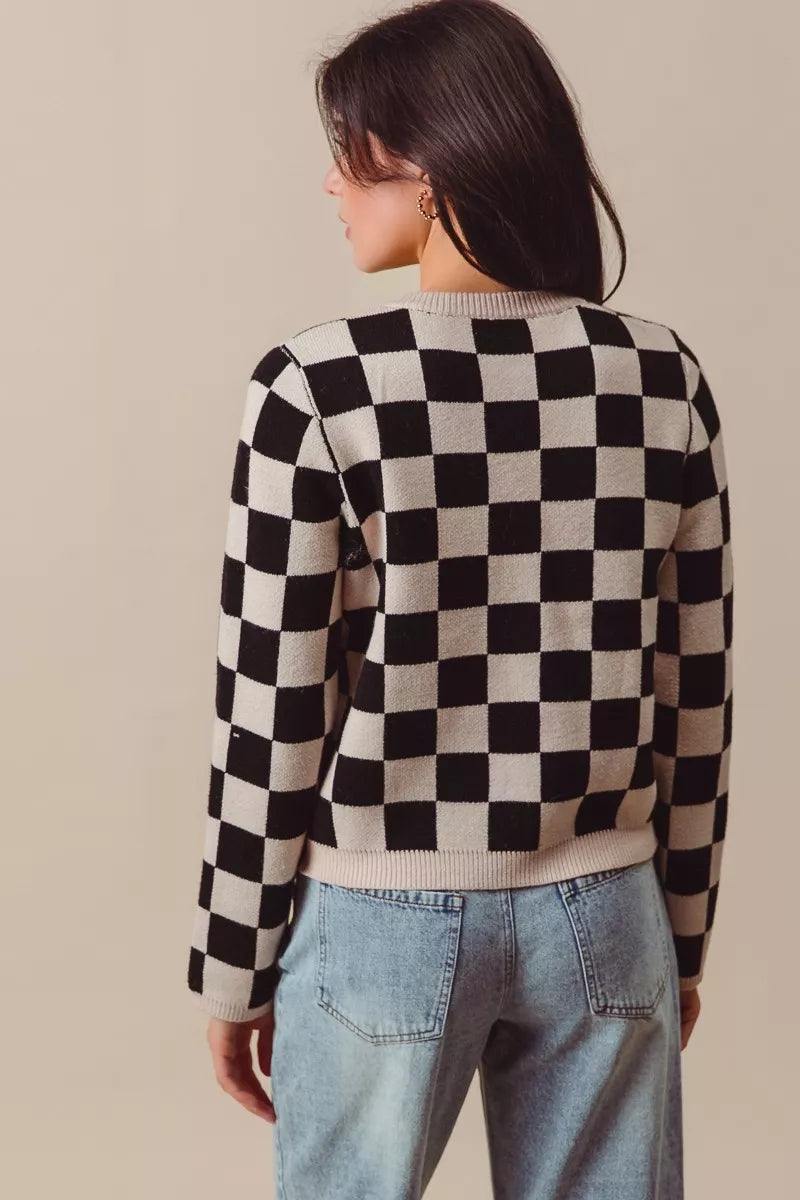 Neutral Tie Front Checkered Knitted Round Neck Cardigan