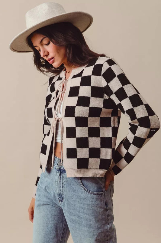 Neutral Tie Front Checkered Knitted Round Neck Cardigan