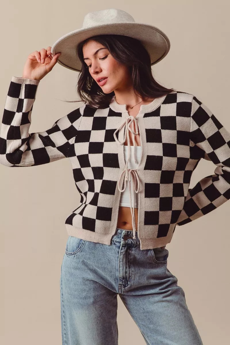 Neutral Tie Front Checkered Knitted Round Neck Cardigan