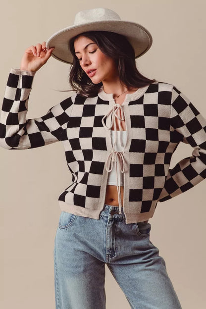 Neutral Tie Front Checkered Knitted Round Neck Cardigan