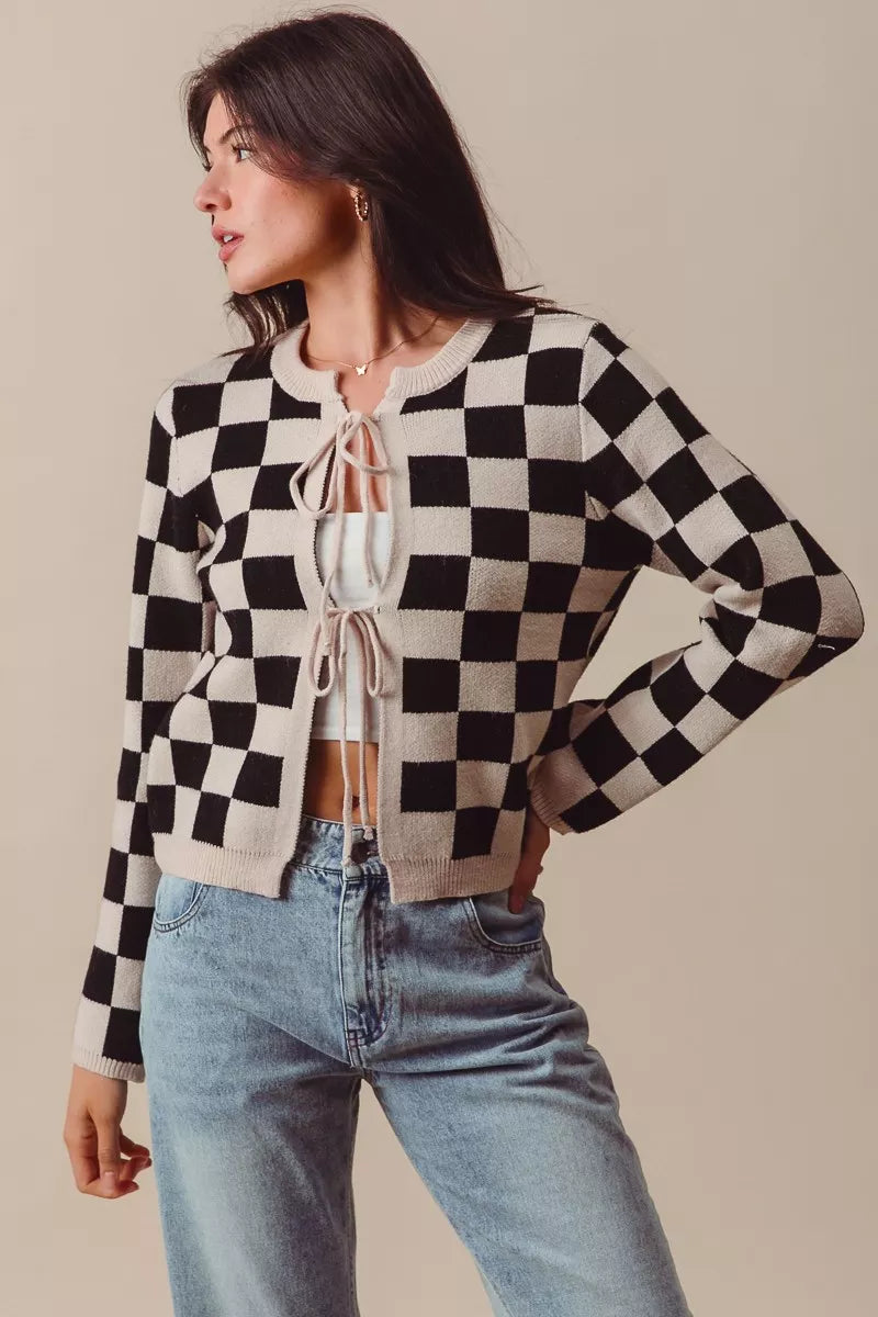 Neutral Tie Front Checkered Knitted Round Neck Cardigan