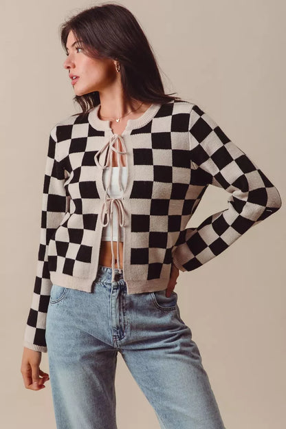 Neutral Tie Front Checkered Knitted Round Neck Cardigan