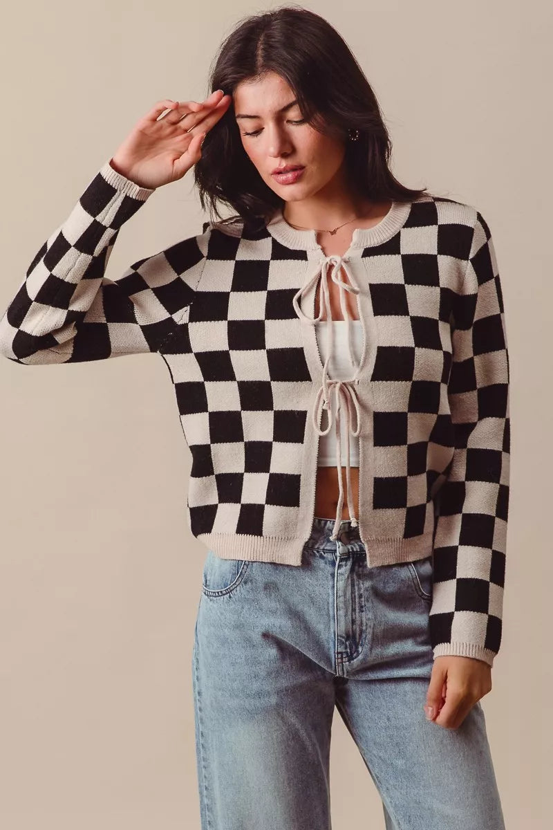 Neutral Tie Front Checkered Knitted Round Neck Cardigan