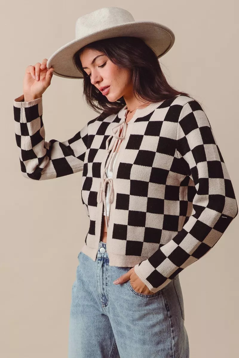 Neutral Tie Front Checkered Knitted Round Neck Cardigan
