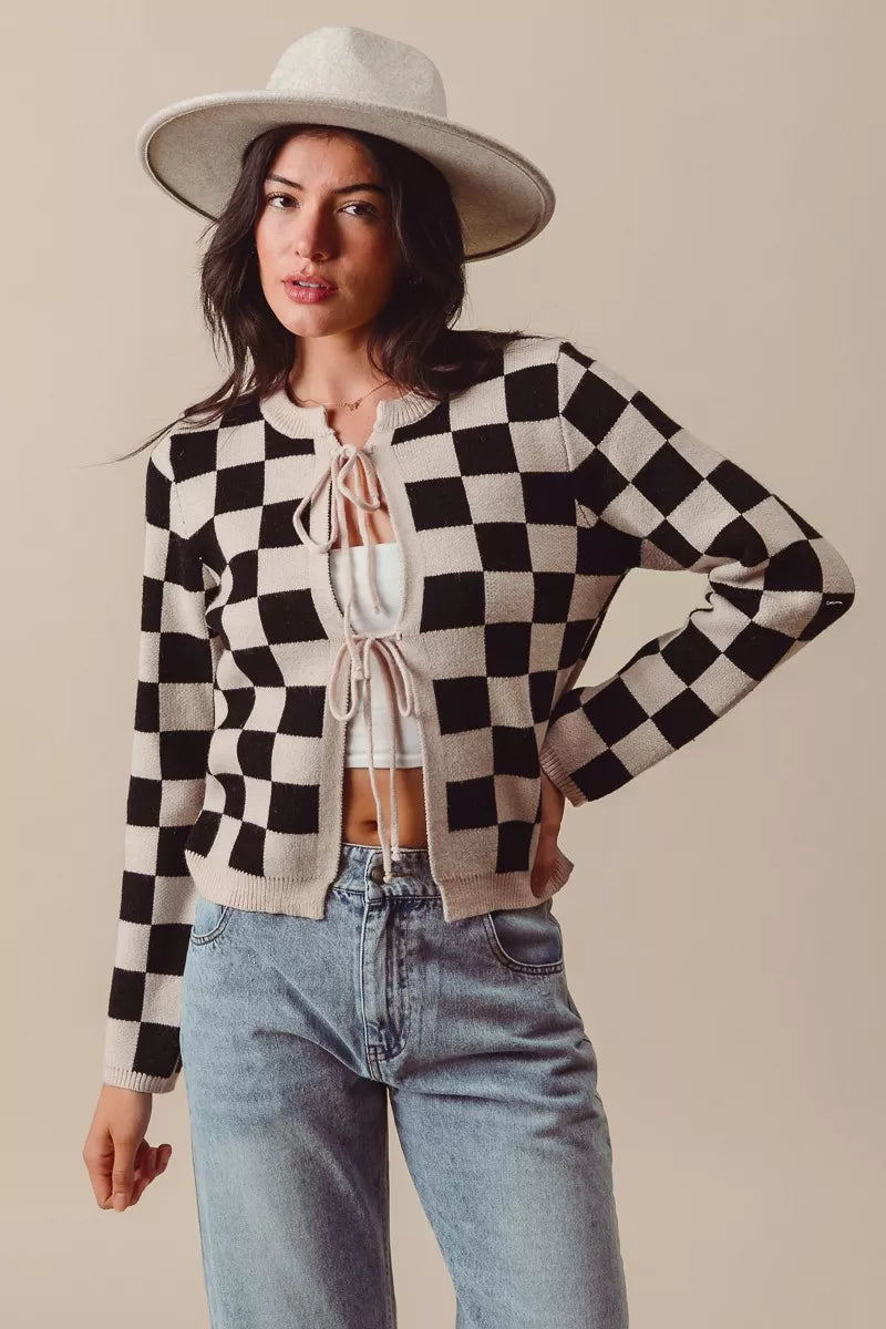 Neutral Tie Front Checkered Knitted Round Neck Cardigan