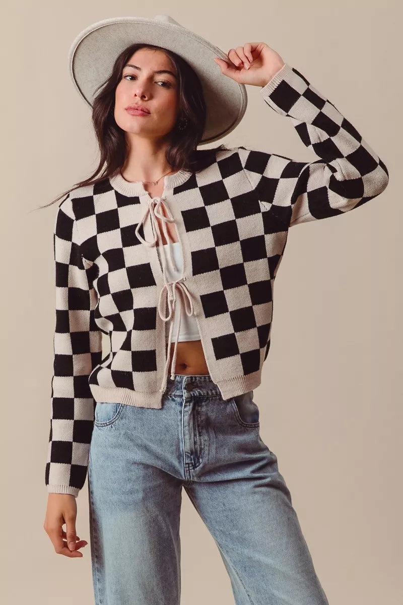 Neutral Tie Front Checkered Knitted Round Neck Cardigan
