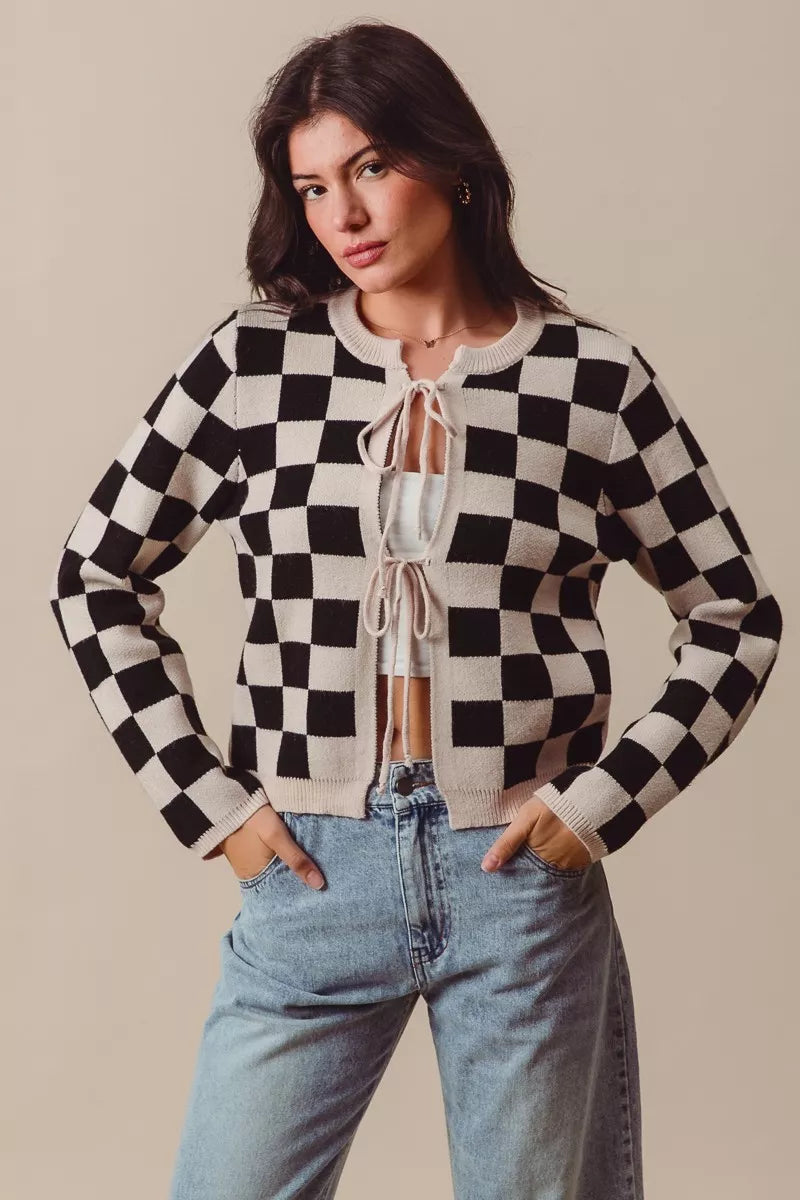 Neutral Tie Front Checkered Knitted Round Neck Cardigan