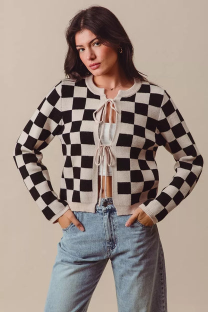 Neutral Tie Front Checkered Knitted Round Neck Cardigan