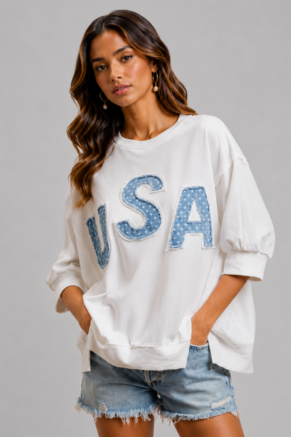 Noelle USA Patriotic Terry Letter Top