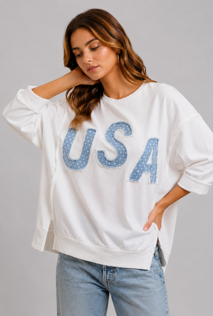 Noelle USA Patriotic Terry Letter Top