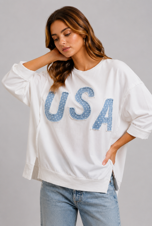 Noelle USA Patriotic Terry Letter Top