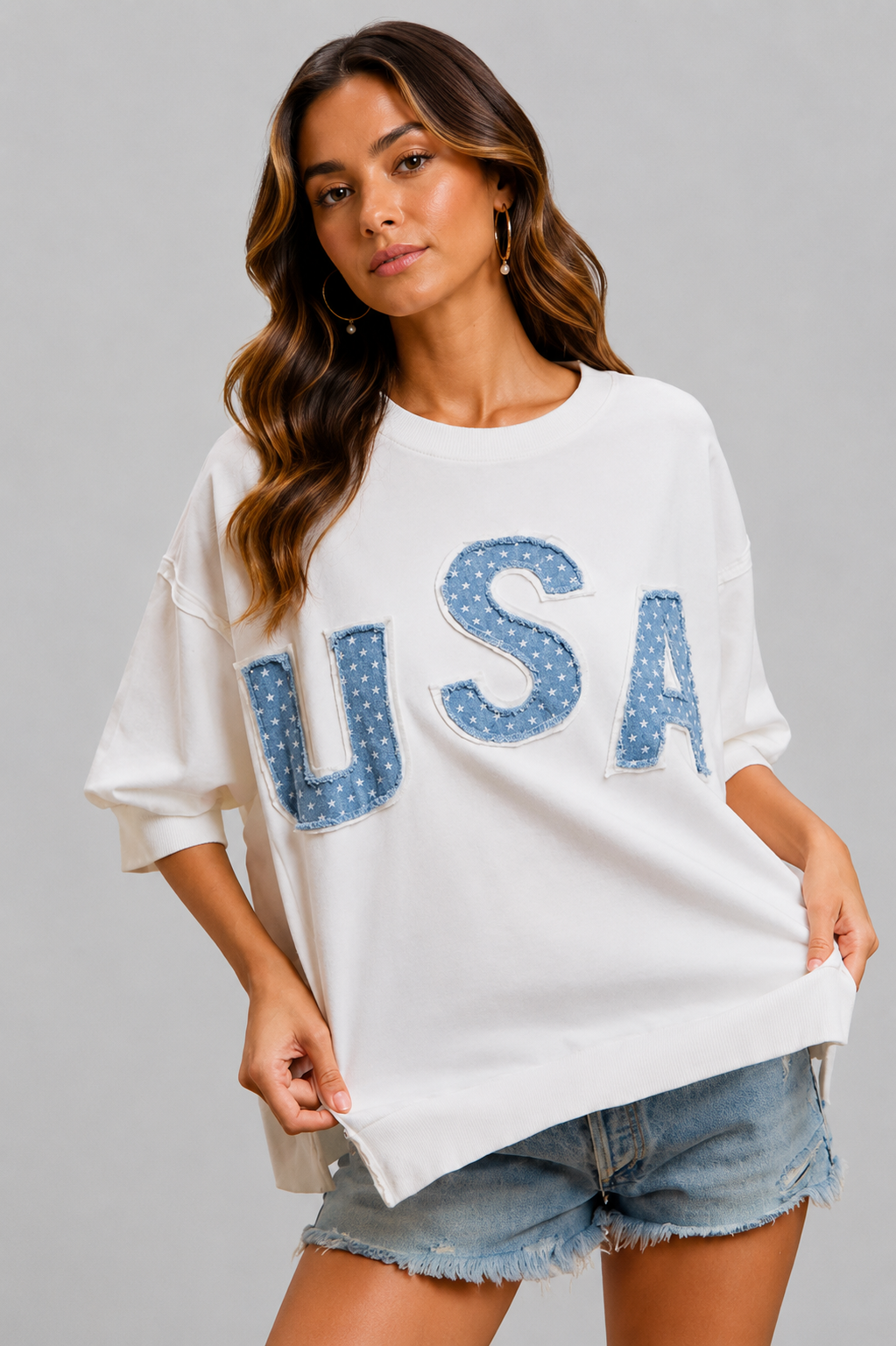 Noelle USA Patriotic Terry Letter Top