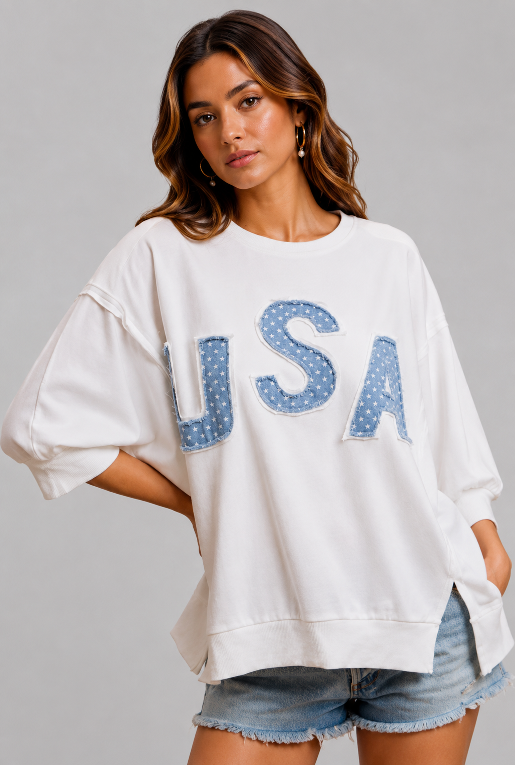 Noelle USA Patriotic Terry Letter Top