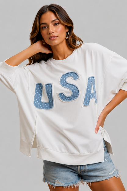 Noelle USA Patriotic Terry Letter Top