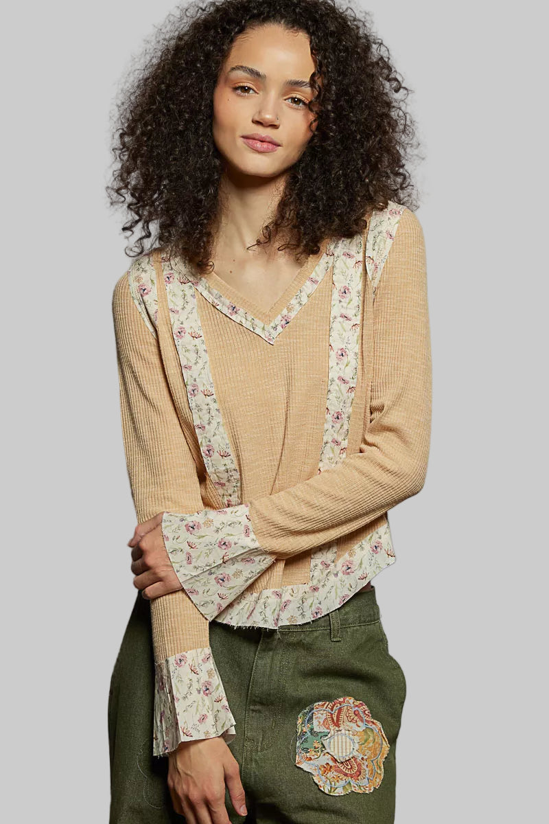 Nora_Boho Floral Patch V-Neck Long Sleeve Ribbed Top