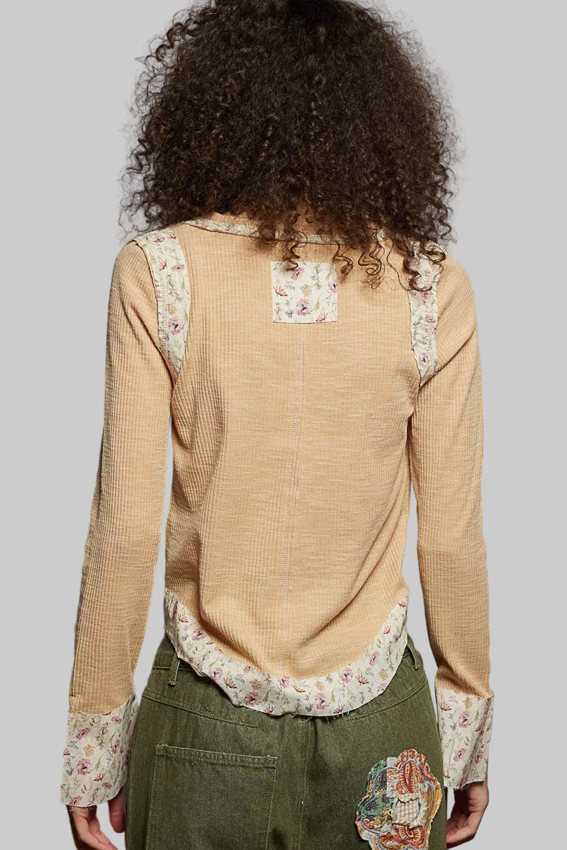 Nora Boho Floral Patch V-Neck Long Sleeve Ribbed Top