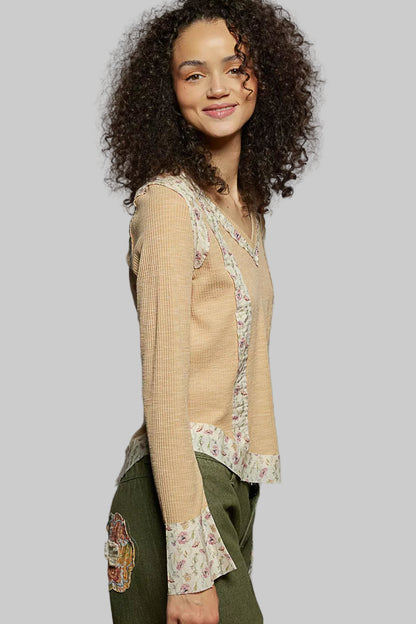 Nora Boho Floral Patch V-Neck Long Sleeve Ribbed Top