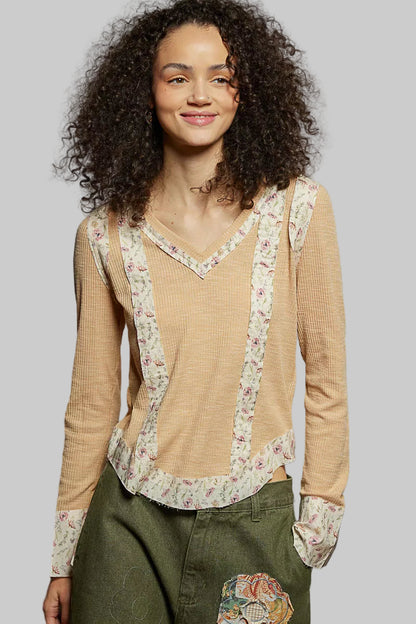 Nora Boho Floral Patch V-Neck Long Sleeve Ribbed Top