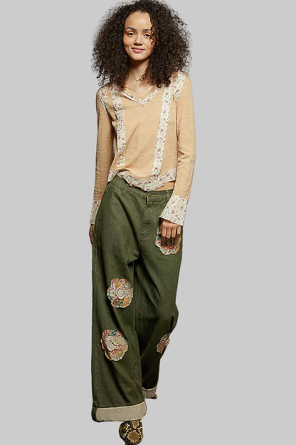 Nora Boho Floral Patch V-Neck Long Sleeve Ribbed Top