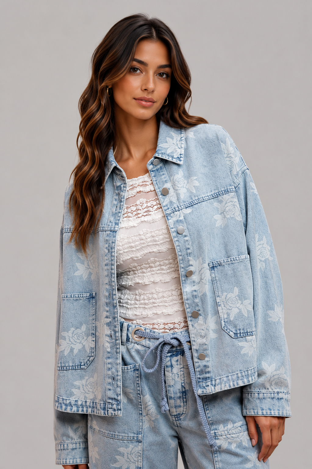 Nora Floral Washed Denim Boho Jacket