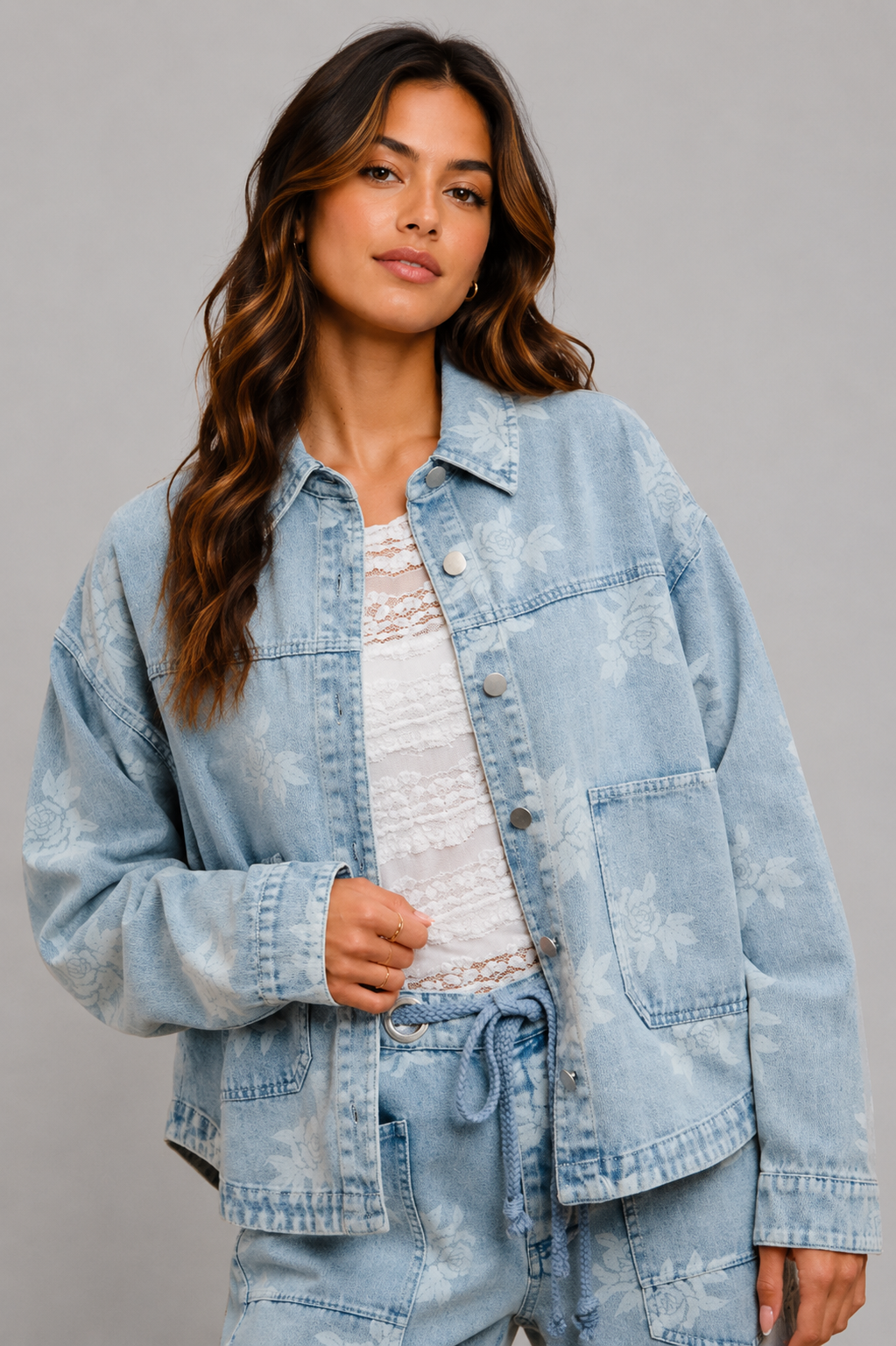 Nora Floral Washed Denim Boho Jacket