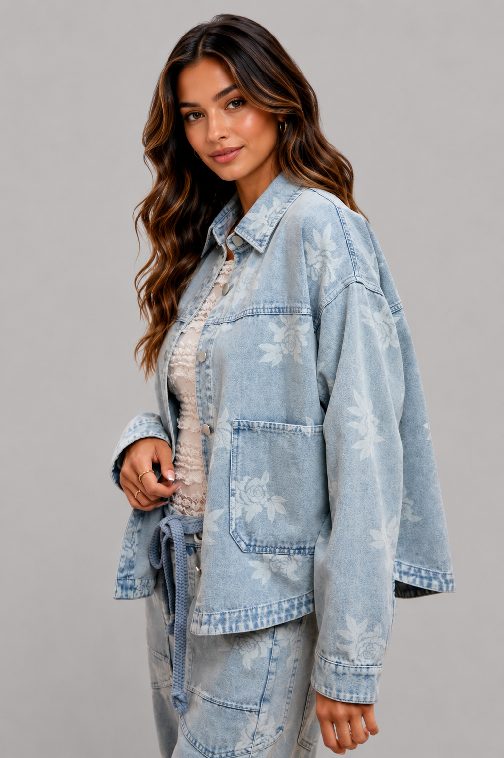 Nora Floral Washed Denim Boho Jacket