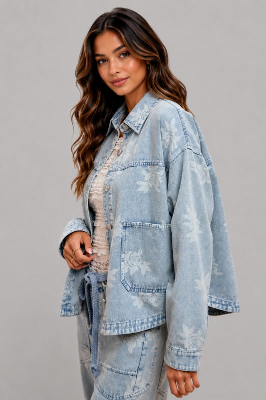 Nora Floral Washed Denim Boho Jacket