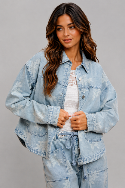 Nora Floral Washed Denim Boho Jacket