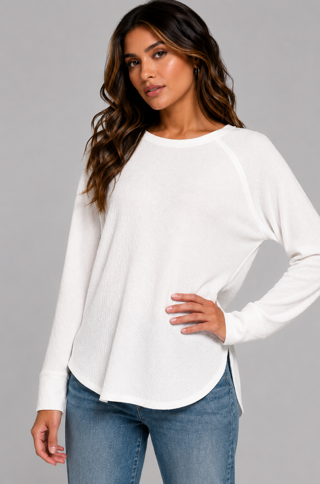 Novalee Waffle Long Sleeve Top - White