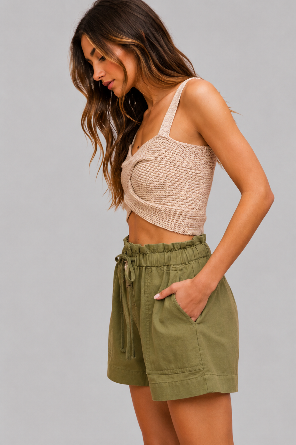 Nyla Paper Bag Drawstring Twill Shorts