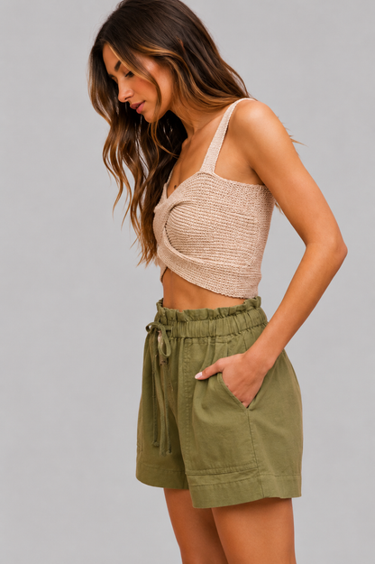 Nyla Paper Bag Drawstring Twill Shorts