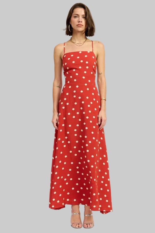Oaklynn Polka Dot Square Neck Open Back Maxi Dress