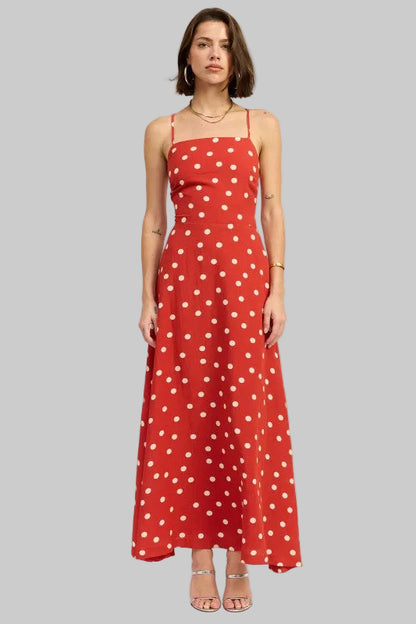 Oaklynn Polka Dot Square Neck Open Back Maxi Dress